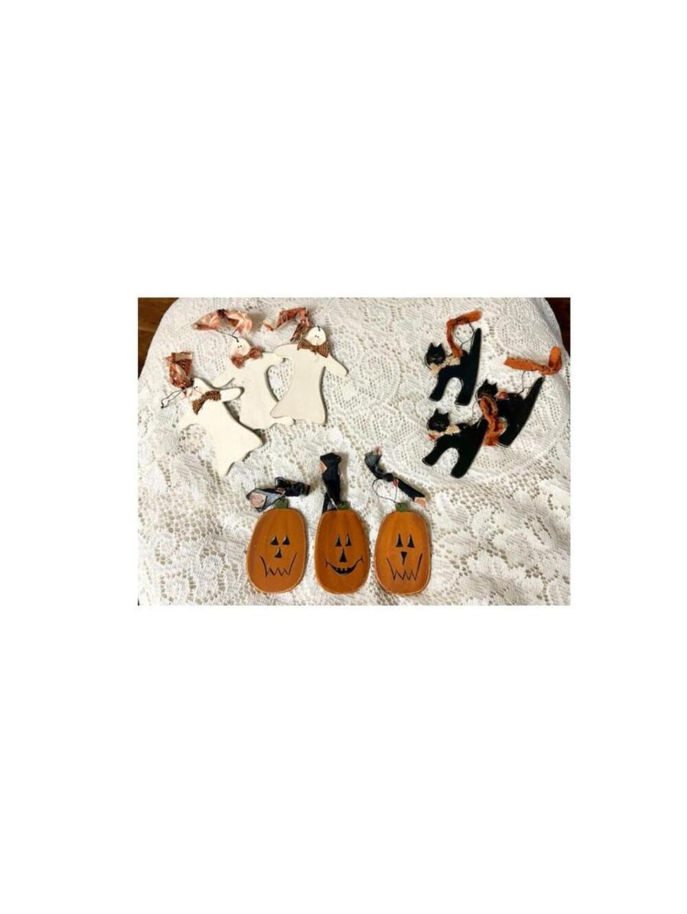 Set of 9 Vintage Style Halloween Ornaments - Pumpkins, Black Cats, Ghosts